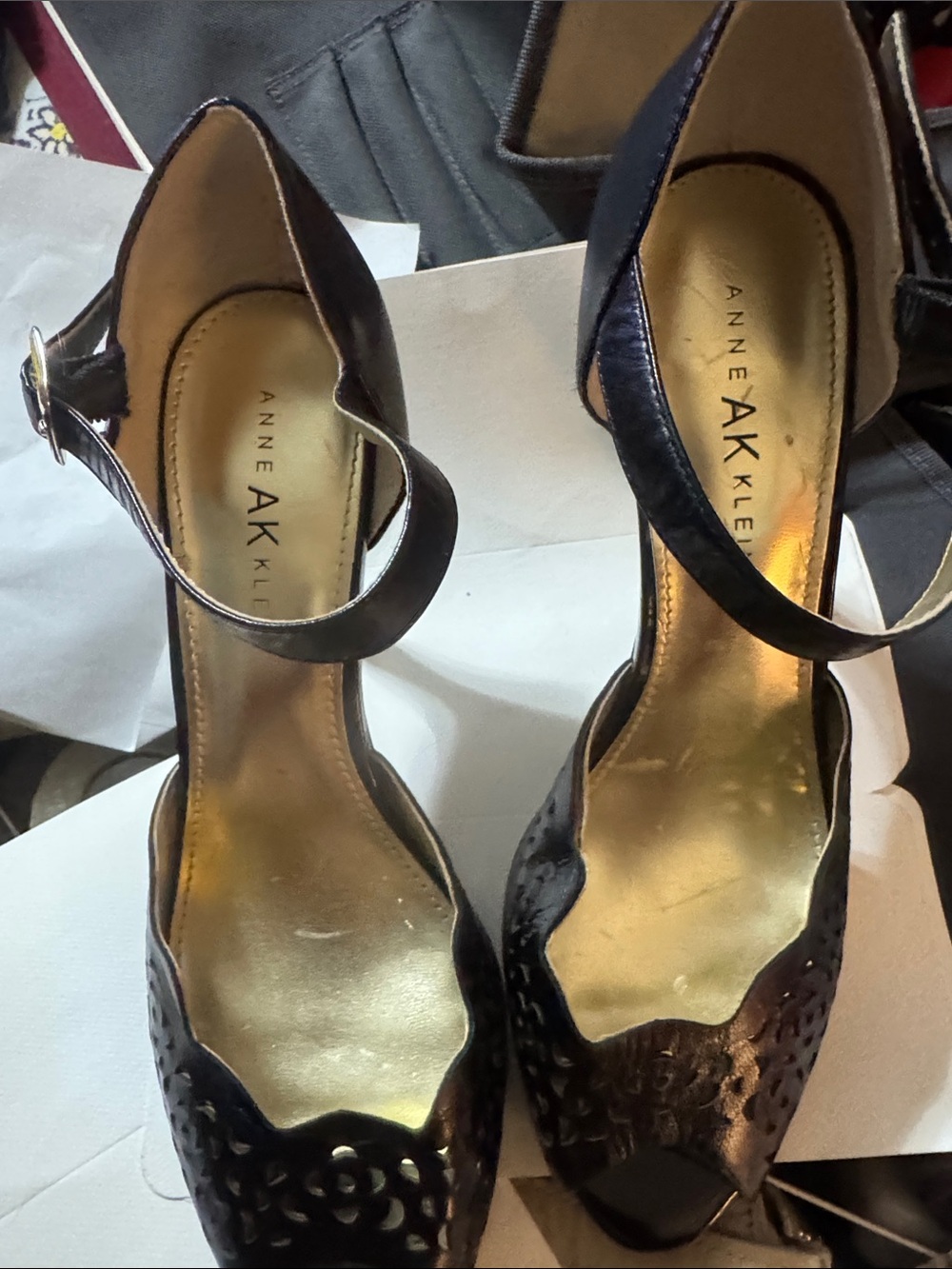 Anne Klein Black Leather Scalloped Peep-Toe Ankle-Strap Heels